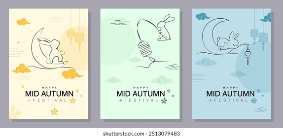 Set of Mid-Autumn Festival card designs with the full moon, rabbits, and Asian patterns. Vector illustration. Mid-Autumn Festival.
