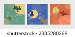 Set of mid-autumn festival cards design with full moon, rabbits and Asian patterns. Vector illustration. Chinese translation: Mid-Autumn Festival.