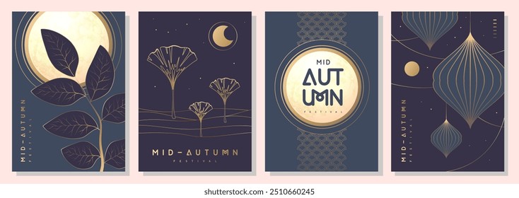 Conjunto de cubiertas de festival de mediados de otoño o carteles de fiesta con luna llena y atributos florales sobre fondo azul. Ilustración vectorial