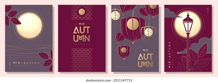 Set of Mid-autumn festival covers or party posters with full moon and floral attributes. Vector illustration