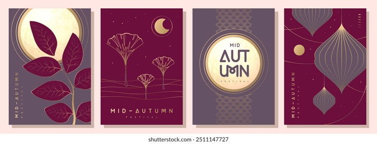 Set of Mid-autumn festival covers or party posters with full moon and floral attributes on red background. Vector illustration