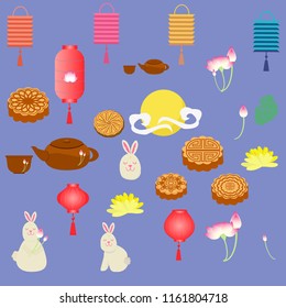Set of mid-autumn festival elements in flat design for decorative aims.