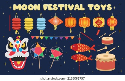 Set Of Mid-Autumn Festival Toys Clipart. Moon Festival Or Mooncake Festival Lanterns, Lion Dance Head, Star And Carp-shaped Lantern, Drum And Carnival Garland. Text Translation: Mid Autumn Festival