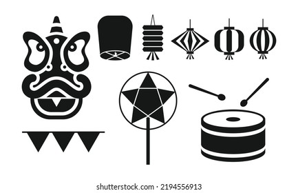 Set of Mid-Autumn Festival toys flat icon for web. Lion dance head, star lantern, drum and carnival garland sign web icon silhouette. Autumn festival toys solid black icon vector