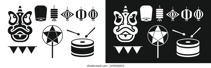 Set of Mid-Autumn Festival toys flat icon for web. Lion dance head, star lantern, drum and carnival garland sign web icon silhouette with invert color. Autumn festival toys solid black icon vector