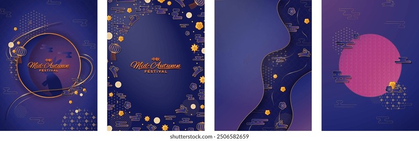 Set of Mid-Autumn greeting poster templates in paper cut out origami design with rabbits, flowers, auspicious clouds, patterns, lanterns, mooncake and copy space. Vector illustration.