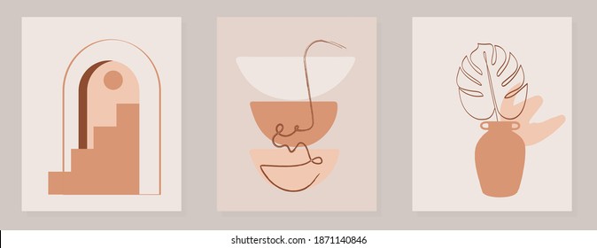 A set of mid-century abstract minimalistic illustration with natural shapes, arches, sun, vase and Monstera leaf .Collection of contemporary artistic posters.
