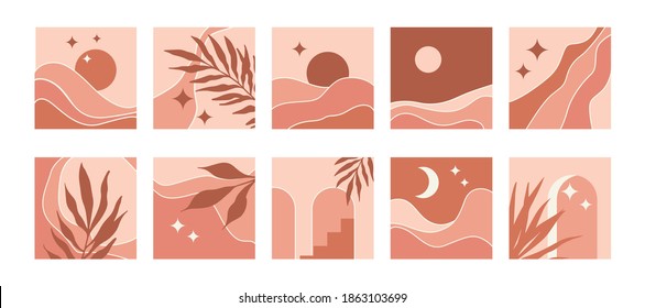 A set of mid-century abstract minimalistic square backgrounds in natural earthy colors, sand, beige, terracotta. Vector illustration with mountain landscape, natural shapes, arches,  sun, moon, stars.