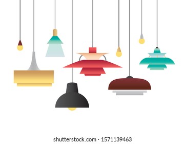 Set of Mid-century design ceiling lamps in flat illustration vector.