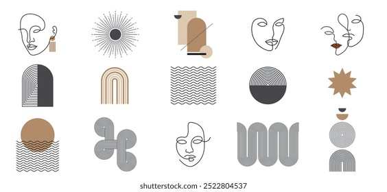 Set of mid-century modern elements featuring geometric shapes, lines, and abstract line-art faces. Isolated vector illustration. Minimalist and retro-inspired designs.