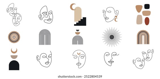 Set of mid-century modern elements featuring geometric shapes, lines, and abstract line-art faces. Isolated vector illustration. Minimalist and retro-inspired designs.