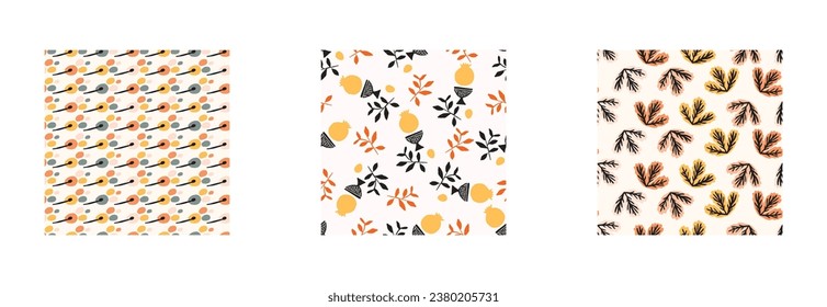 Set of midcentury modern floral vector endless vector pattern. Organic summer gender neutral 70s matisse wallpaper collection.