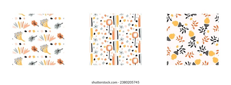 Set of midcentury modern floral vector endless vector pattern. Organic summer gender neutral 70s matisse wallpaper collection.
