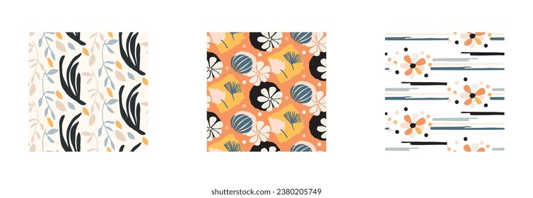 Set von modernen Blumenvektor endlosen Vektormustern des Mitteljahrhunderts. Organische Sommer geschlechtsneutrale 70er Jahre matisse Wallpaper sammlung.