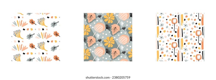 Set of midcentury modern floral vector endless vector pattern. Organic summer gender neutral 70s matisse wallpaper collection.