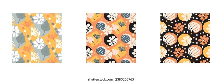 Set von modernen Blumenvektor endlosen Vektormustern des Mitteljahrhunderts. Organische Sommer geschlechtsneutrale 70er Jahre matisse Wallpaper sammlung.