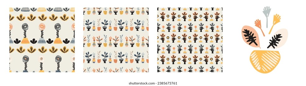 Set of midcentury modern floral vector endless vector pattern. Organic summer gender neutral 70s matisse wallpaper collection.