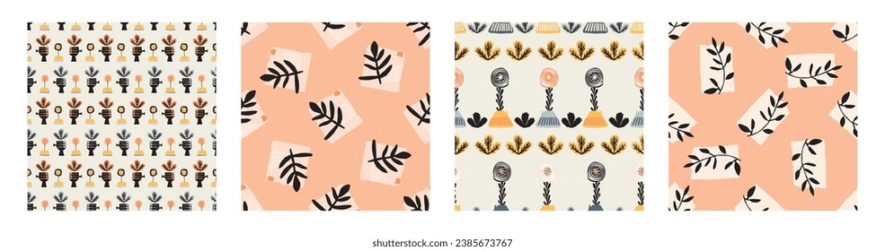 Set of midcentury modern floral vector endless vector pattern. Organic summer gender neutral 70s matisse wallpaper collection.