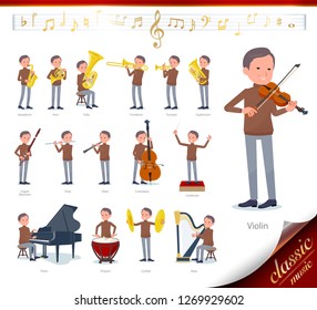 A set of middle Age man on classical music performances.There are actions to play various instruments such as string instruments and wind instruments.It's vector art so it's easy to edit.