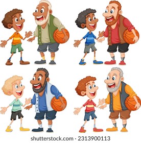 Set of middle age man playing basketball with boy illustration