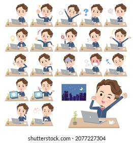 A set of Middle age man in sportswear on desk work.It's vector art so easy to edit.