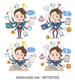 A set of Middle age man in sportswear who perform multitasking in the office.It's vector art so easy to edit.