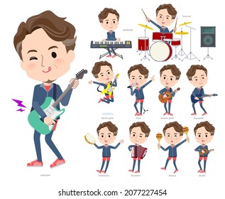 A set of Middle age man in sportswear playing rock 'n' roll and pop music.It's vector art so easy to edit.