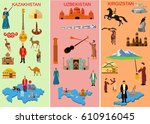 Set of middle asian countries. Kazakhstan. Uzbekistan. Kyrgyzstan. Symbols  of each country. Camel, people in national dress. Historical and, modern building,  Vector illustration