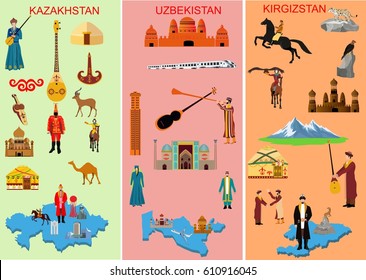 Set of middle asian countries. Kazakhstan. Uzbekistan. Kyrgyzstan. Symbols  of each country. Camel, people in national dress. Historical and, modern building,  Vector illustration