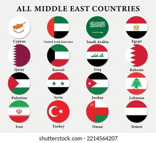 Set Of Middle East Countries Icon Flags, all 16 Middle East Round Icons Flag collection.