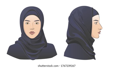 Set of Middle Eastern arabian muslim women wearing hijab. Two dimension angles. Different view front, profile side view of a girl face in scarf. Vector illustration.