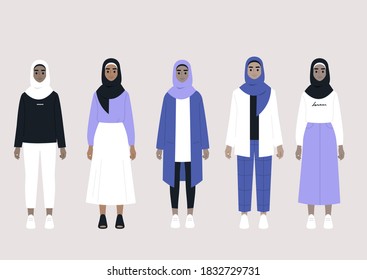 A set of middle eastern female characters wearing hijabs and different outfits: casual, elegant, sport, business