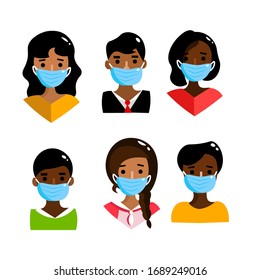 Set of middle eastern people with masks to protect from COVID-19