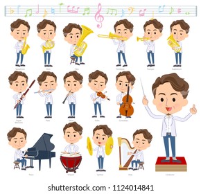 A set of middle men on classical music performances.There are actions to play various instruments such as string instruments and wind instruments.It's vector art so it's easy to edit.