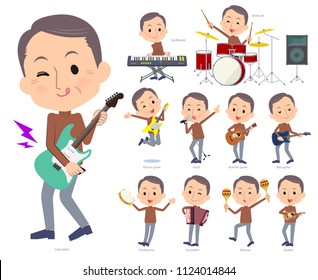 A set of middle men playing rock 'n' roll and pop music.There are also various instruments such as ukulele and tambourine.It's vector art so it's easy to edit.