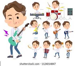 A set of middle men playing rock 'n' roll and pop music.There are also various instruments such as ukulele and tambourine.It's vector art so it's easy to edit.