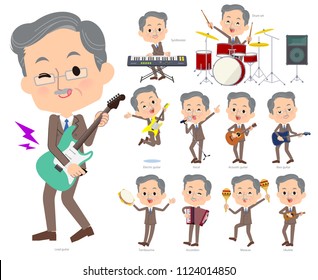 A set of middle men playing rock 'n' roll and pop music.There are also various instruments such as ukulele and tambourine.It's vector art so it's easy to edit.