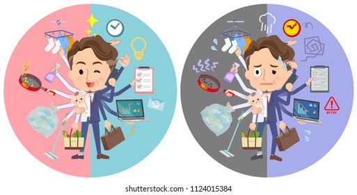 A set of middle men who perform multitasking in offices and private.There are things to do smoothly and a pattern that is in a panic.It's vector art so it's easy to edit.