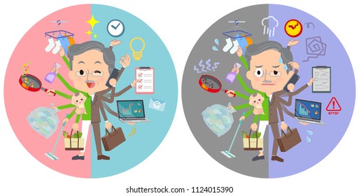 A set of middle men who perform multitasking in offices and private.There are things to do smoothly and a pattern that is in a panic.It's vector art so it's easy to edit.