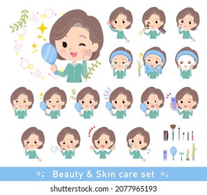 A set of middle women in Blue Green jerseys on beauty.There are various actions such as skin care and makeup.It's vector art so easy to edit.