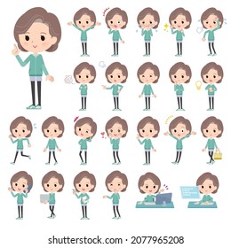 A set of middle women in Blue Green jerseys with who express various emotions.It's vector art so easy to edit.