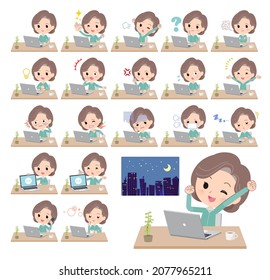 A set of middle women in Blue Green jerseys on desk work.It's vector art so easy to edit.