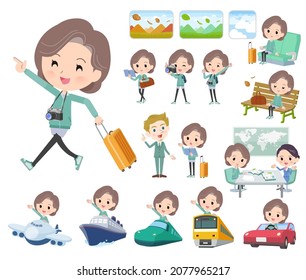 A set of middle women in Blue Green jerseys on travel.It's vector art so easy to edit.
