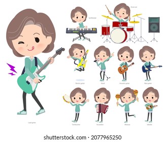 A set of middle women in Blue Green jerseys playing rock 'n' roll and pop music.It's vector art so easy to edit.