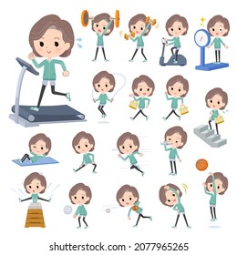 A set of middle women in Blue Green jerseys on exercise and sports.It's vector art so easy to edit.