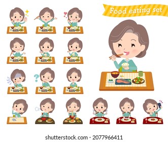 A set of middle women in Blue Green jerseys about meals.It's vector art so easy to edit.