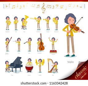 A set of middle women on classical music performances.There are actions to play various instruments such as string instruments and wind instruments.It's vector art so it's easy to edit.