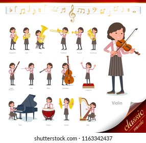 A set of middle women on classical music performances.There are actions to play various instruments such as string instruments and wind instruments.It's vector art so it's easy to edit.