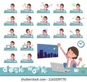 A set of middle women on desk work.There are various actions such as feelings and fatigue.It's vector art so it's easy to edit.