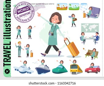 A set of middle women on travel.There are also vehicles such as boats and airplanes.It's vector art so it's easy to edit.